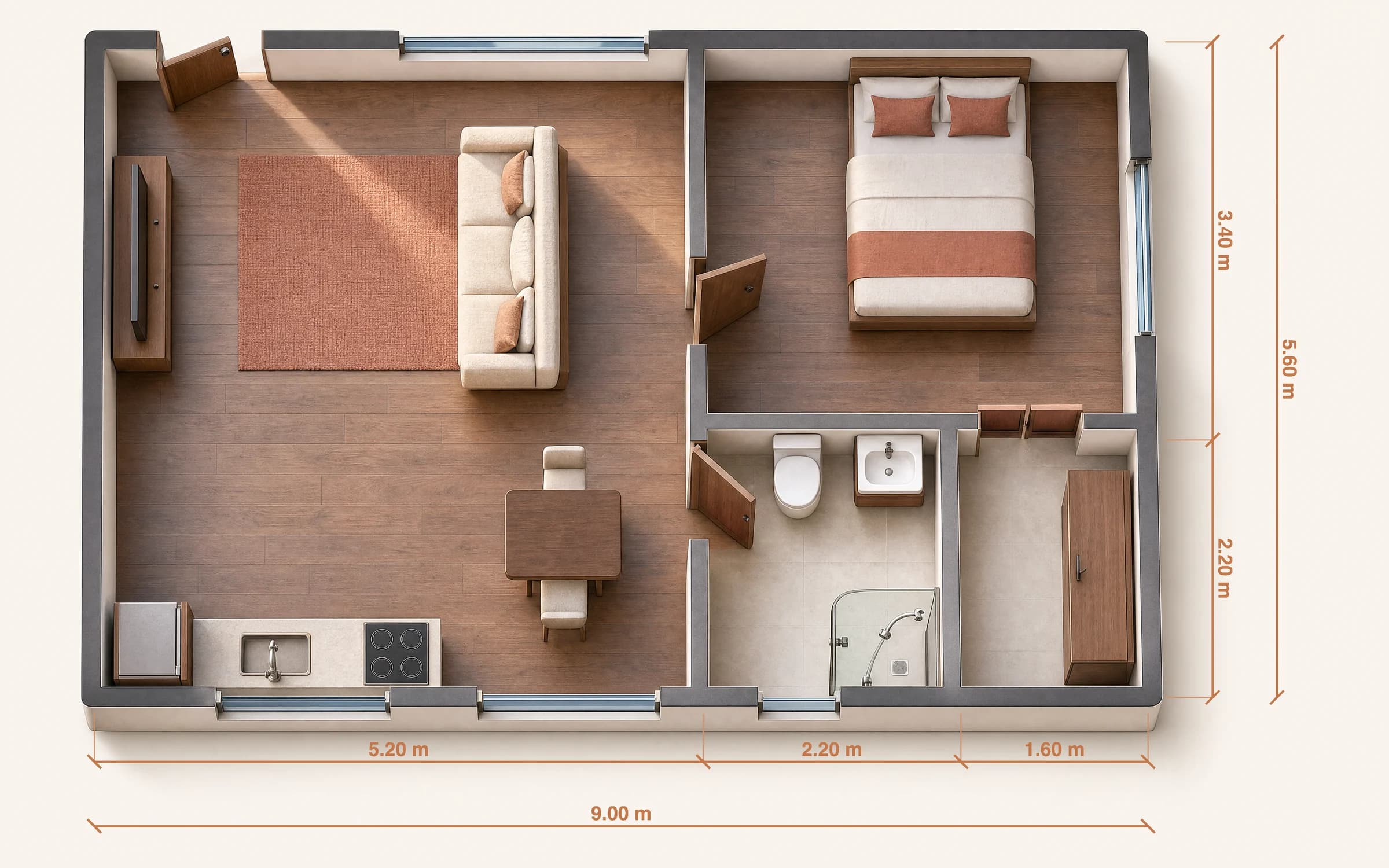 Planta renderizada de un departamento de una recámara, con pisos de madera, muebles y cotas