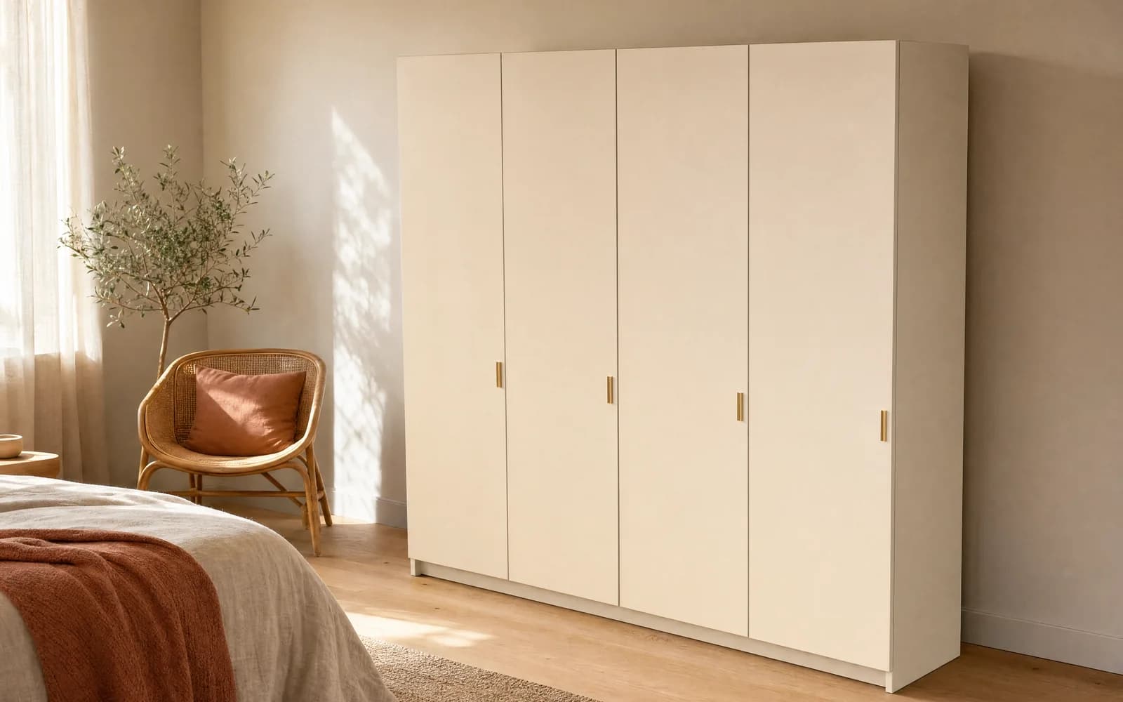 Clóset a medida de cuatro puertas en laca crema con jaladeras de latón, en una recámara luminosa